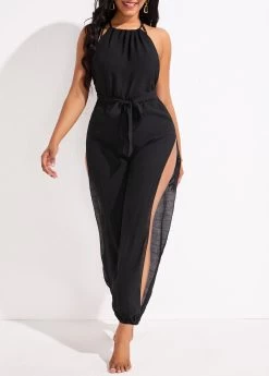 Split Cutout Tie Black Beach Jumpsuit
