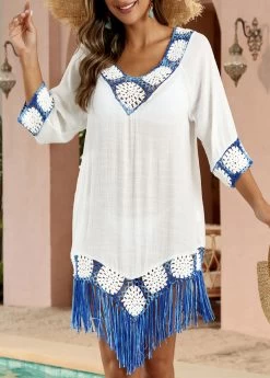 Patchwork Weave Tassel White Cover Up -Modlily 330663 P 16847357954402