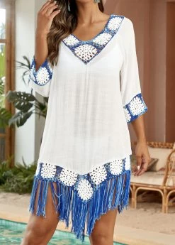 Patchwork Weave Tassel White Cover Up -Modlily 330663 P 16847357954845