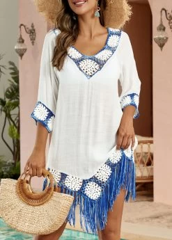 Patchwork Weave Tassel White Cover Up