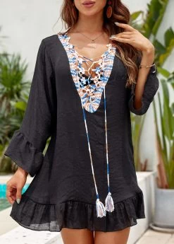 V Neck Patchwork Black Cover Up -Modlily 330665 P 16825617253543