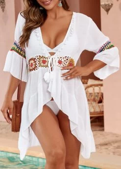 Patchwork Tassel Tie White Cover Up -Modlily 330667 P 16848257274762