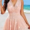 Shinning High Waisted Dusty Pink Swimdress And Panty