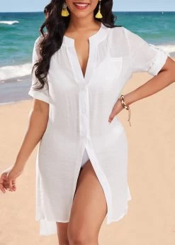 Button Pocket Split White Cover Up -Modlily 330781 P 16838876038213