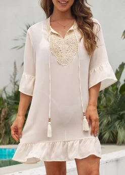 Tassel Patchwork Ruffle Beige Cover Up -Modlily 330835 P 16823254364452