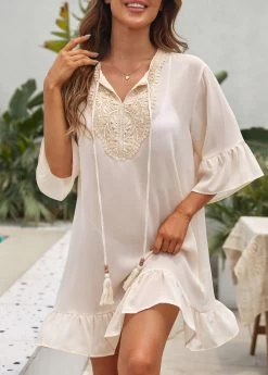 Tassel Patchwork Ruffle Beige Cover Up