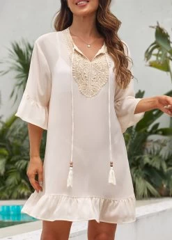 Tassel Patchwork Ruffle Beige Cover Up -Modlily 330835 P 16823254368183
