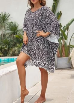Leaf Print Black Contrast Cover Up -Modlily 330836 P 16823254685743