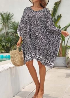 Leaf Print Black Contrast Cover Up -Modlily 330836 P 16823254689434