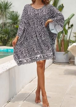 Leaf Print Black Contrast Cover Up -Modlily 330836 P 16823254689692