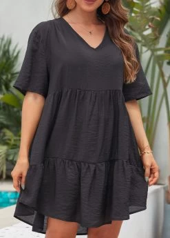 Ruched Lightweight Black V Neck Cover Up -Modlily 330837 P 16823256335732