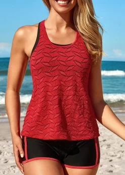 Two Piece Mid Waisted Red Tankini Set -Modlily 330950 P 16872499392663