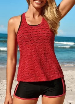 Two Piece Mid Waisted Red Tankini Set -Modlily 330950 P 16872499399024