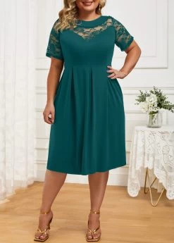 Green Lace Plus Size Short Sleeve Dress -Modlily 331048 P 16849803031214