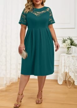 Green Lace Plus Size Short Sleeve Dress -Modlily 331048 P 16849803035713