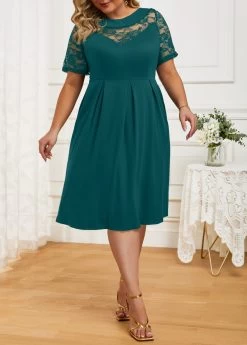 Green Lace Plus Size Short Sleeve Dress -Modlily 331048 P 16849803036412