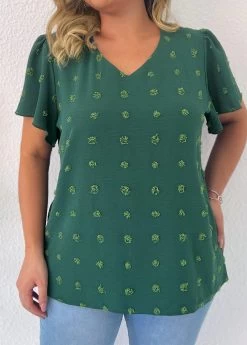 Green Lightweight Plus Size Short Sleeve Blouse 7 Green Lightweight Plus Size Short Sleeve Blouse -Modlily 331049 P 16848397912513