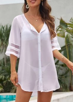 Button White Mesh Stitching Cover Up -Modlily 331083 P 16823255247502