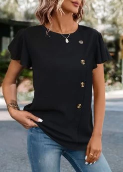 Plus Size Black Button Short Sleeve T Shirt -Modlily 331665 P 1681289021451