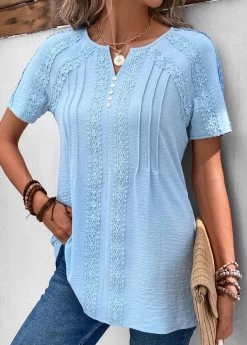 Plus Size Light Blue Patchwork Short Sleeve Blouse -Modlily 331971 P 16854384582862