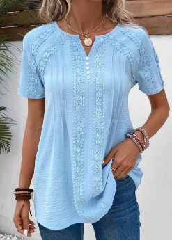 Plus Size Light Blue Patchwork Short Sleeve Blouse -Modlily 331971 P 16854384589503