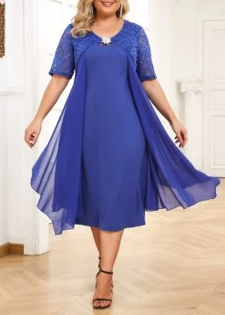 Blue Patchwork Plus Size Short Sleeve Bodycon Dress