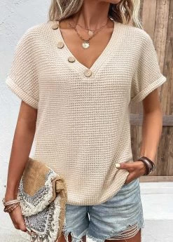 Plus Size Beige Button Short Sleeve T Shirt
