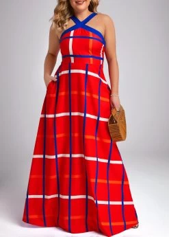 Red Pocket Plus Size Plaid Sleeveless Maxi Dress