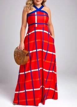 Red Pocket Plus Size Plaid Sleeveless Maxi Dress -Modlily 332571 P 16859655299920