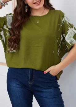 Olive Green Plus Size Half Sleeve T Shirt 7 Olive Green Plus Size Half Sleeve T Shirt -Modlily 332611 P 1684215547067