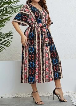 Multi Color Tie Plus Size Belted Dress -Modlily 332614 P 1684215502705