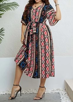 Multi Color Tie Plus Size Belted Dress -Modlily 332614 P 1684215503426