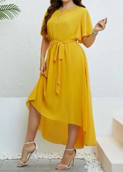 Yellow Button Plus Size Belted High Low Dress -Modlily 332616 P 1684215472890