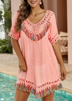V Neck Patchwork Pink Cover Up