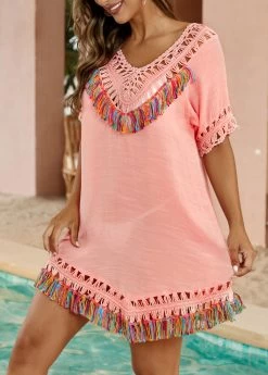 V Neck Patchwork Pink Cover Up -Modlily 332727 P 16848251846173