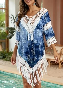 Patchwork Tie Dye Print Blue Cover Up -Modlily 332732 P 16848252166955