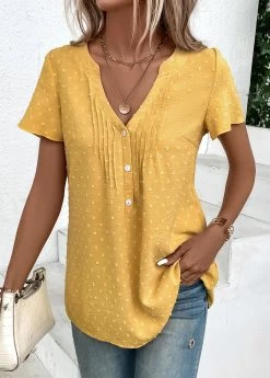Plus Size Light Yellow Jacquard Short Sleeve Blouse -Modlily 333042 P 16866398822844