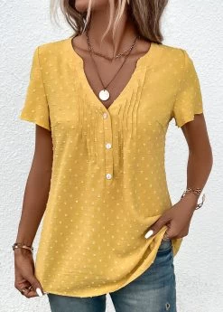 Plus Size Light Yellow Jacquard Short Sleeve Blouse -Modlily 333042 P 16866398824562