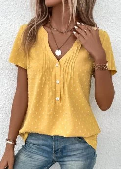Plus Size Light Yellow Jacquard Short Sleeve Blouse -Modlily 333042 P 16866398827455