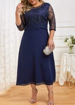 Navy Lace Patchwork Plus Size Dress -Modlily 333060 P 16849803920334