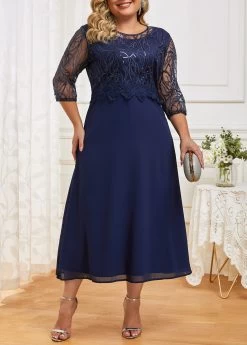 Navy Lace Patchwork Plus Size Dress -Modlily 333060 P 16849803924953