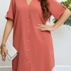 Coral Button Plus Size Short Sleeve Blouse
