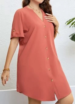 Coral Button Plus Size Short Sleeve Blouse -Modlily 333061 P 1684215459793