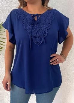 Dark Blue Lace Plus Size T Shirt -Modlily 333145 P 16855281279204