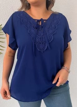 Dark Blue Lace Plus Size T Shirt -Modlily 333145 P 16855281279242