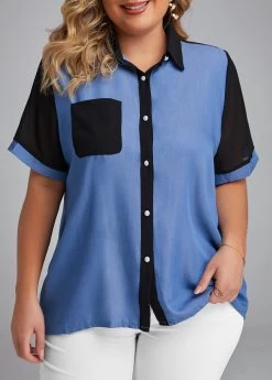 Denim Blue Button Plus Size T Shirt