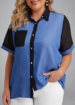 Denim Blue Button Plus Size T Shirt -Modlily 333152 P 16856149414252
