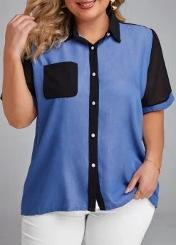Denim Blue Button Plus Size T Shirt -Modlily 333152 P 16856149414963