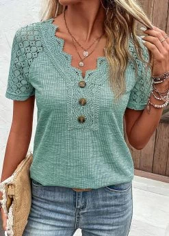 Plus Size Green Lace Short Sleeve T Shirt 20 Plus Size Green Lace Short Sleeve T Shirt -Modlily 333182 P 16831997659232