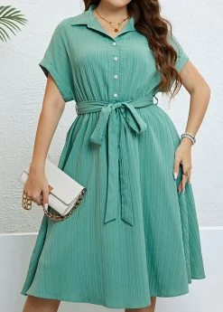 Mint Green Button Plus Size Belted Dress